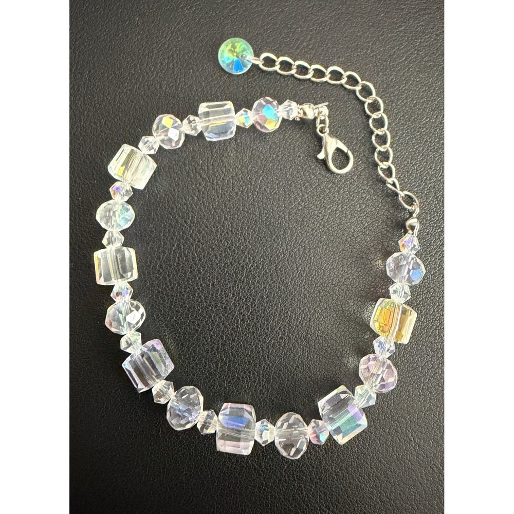 Vintage Rock Crystal Bracelet Iridescent Aurora Borealis Cube Silver Tone